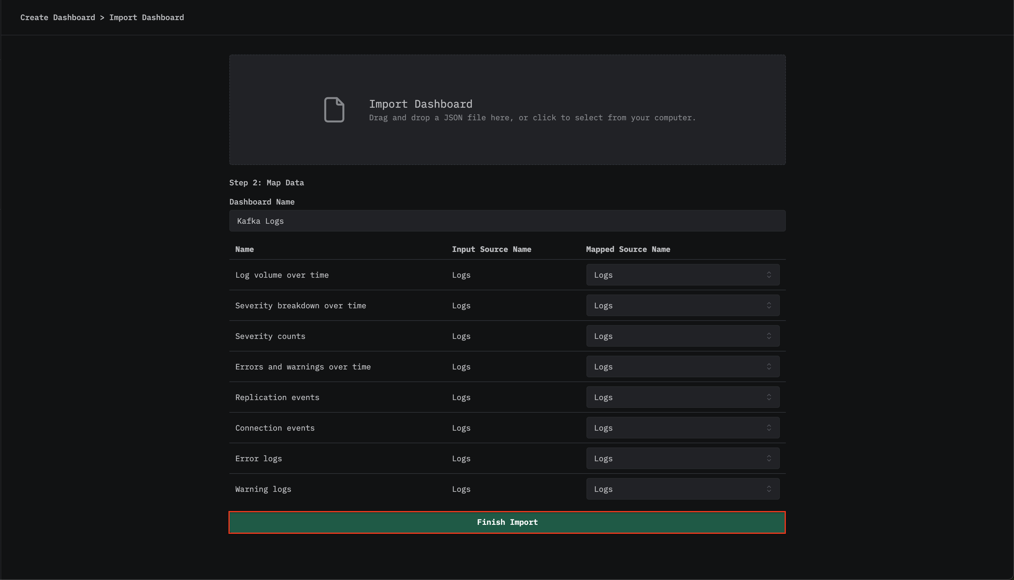 Завершение импорта панели мониторинга логов Kafka